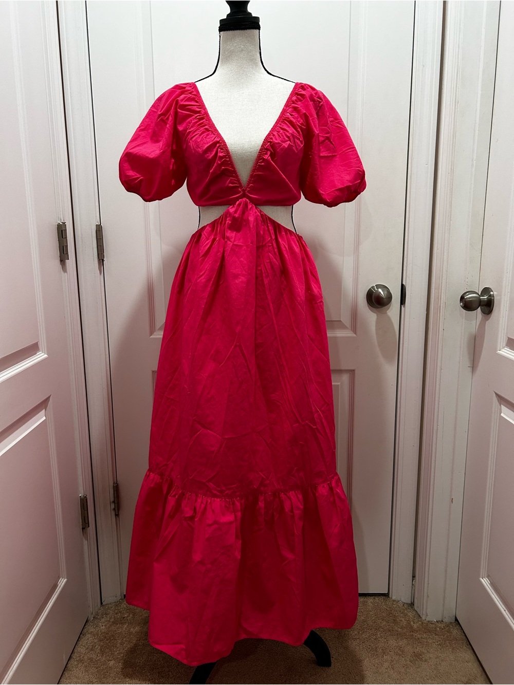 Zara Hot Pink Cutout Maxi Dress with Puff Sleeves